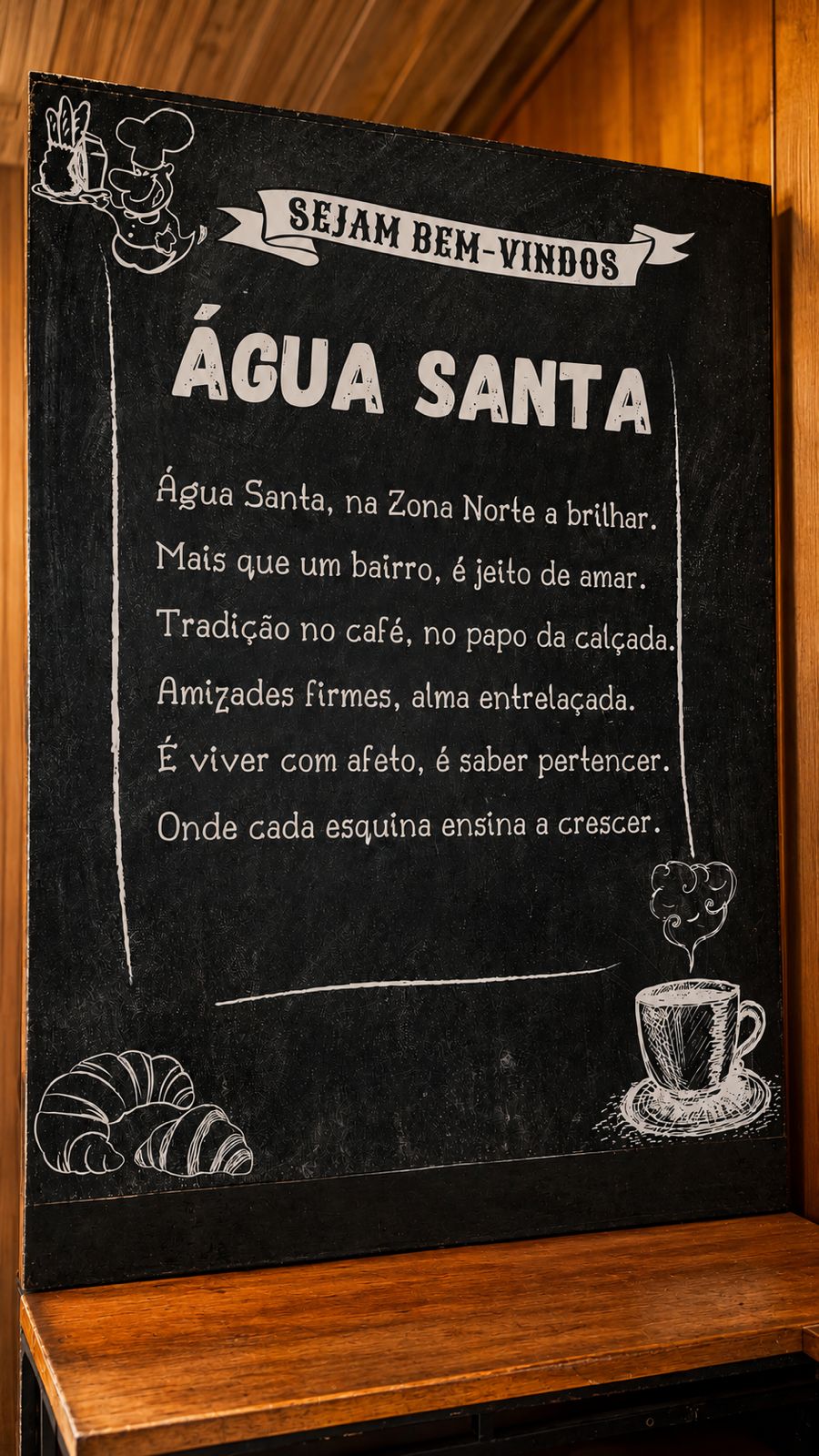 Quadro na loja com a homenagem ao bairro de Água Santa